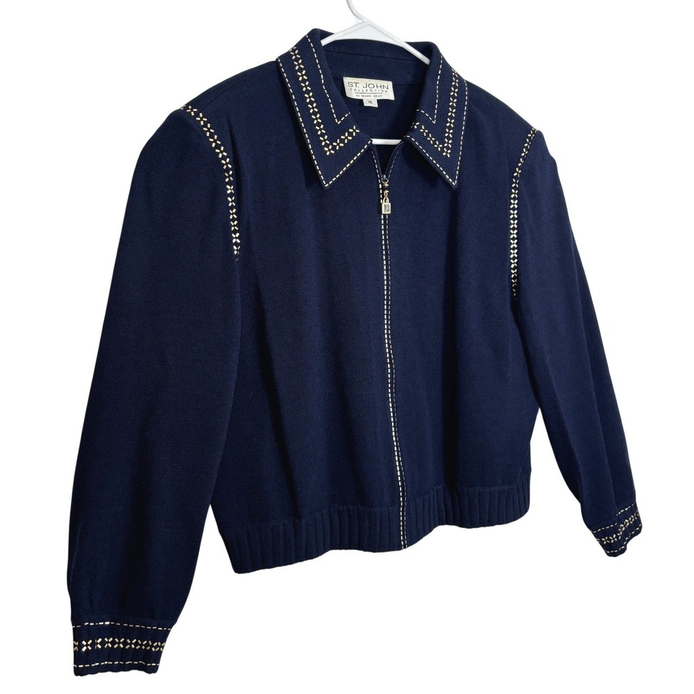 Vintage St. John Collection Knit Jacket Women 16 Navy Blue Gold Studded Zip Up